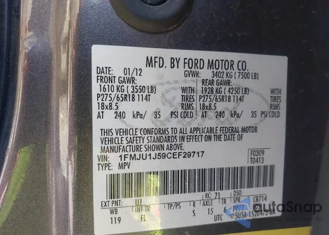 2012 Ford Expedition Xlt из США, поврежденный, VIN 1FMJU1J59CEF29717